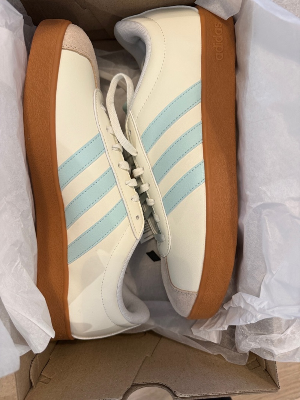 adidas Women’s White Sneakers with Light Blue Stripes and Gum Sole - Picture 3 of 3